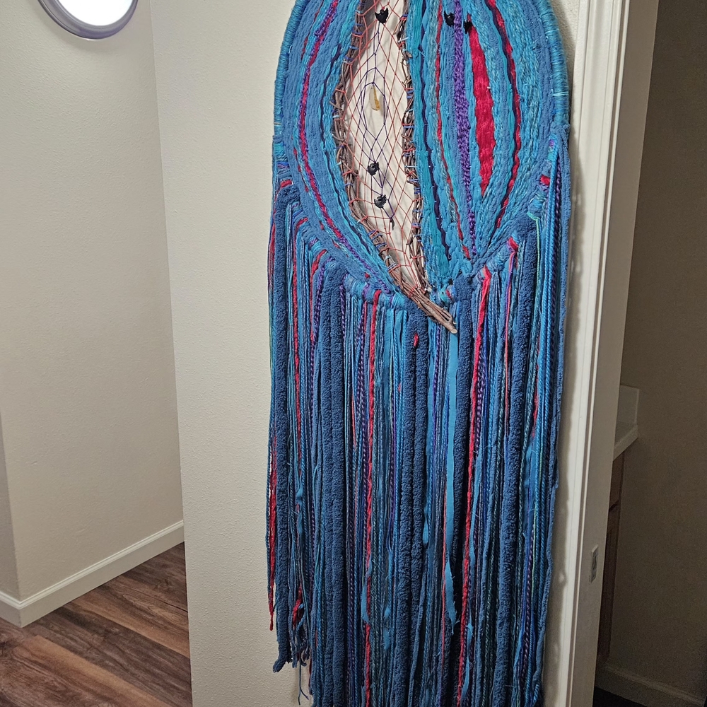 XL Handmade Blue Macrame Dream Catcher Wall Hanging By Alaskan Artist